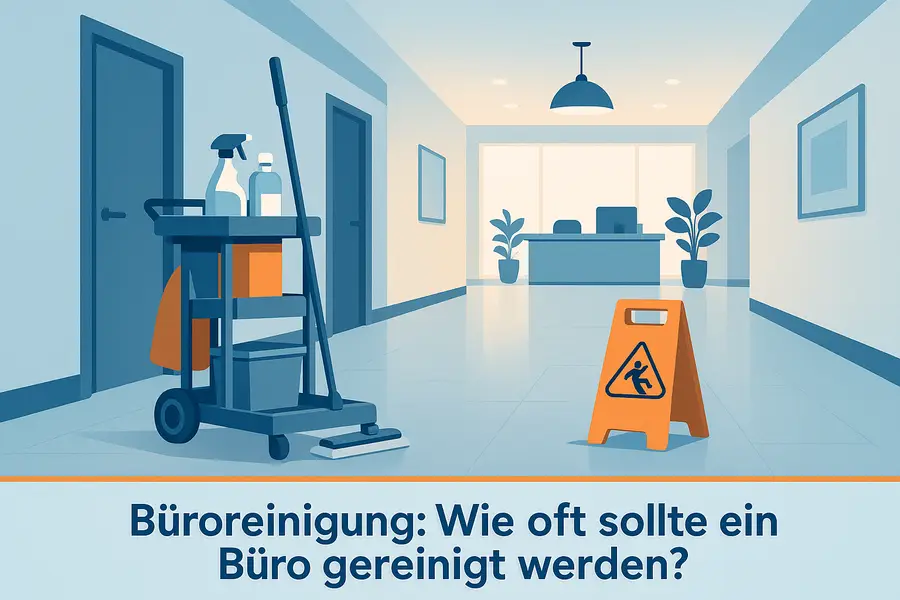 Gereinigter Büroflur mit Reinigungswagen und Warnschild vor einem modernen Empfangsbereich
