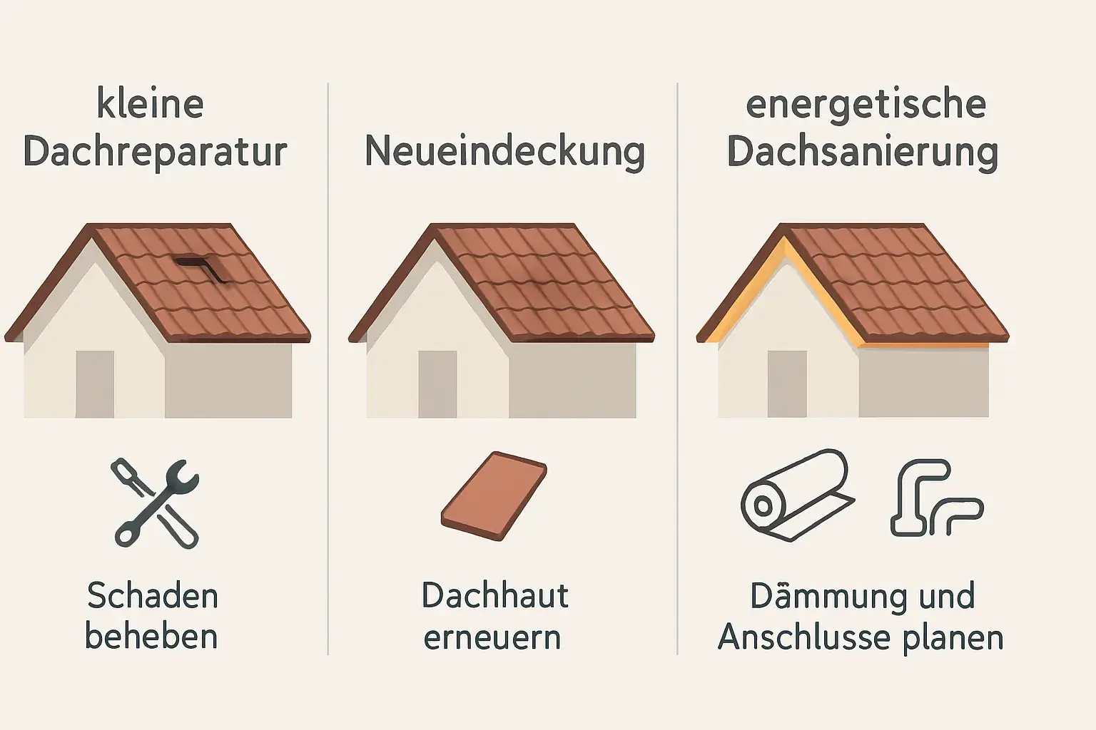 Vergleich von Dachreparatur, Neueindeckung und energetischer Dachsanierung