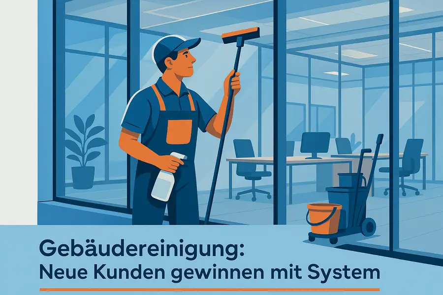 Reinigungskraft säubert Glasfront in einem modernen Bürogebäude mit Reinigungswagen