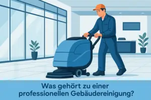 Reinigungskraft mit Bodenreinigungsmaschine in einem modernen Bürogebäude