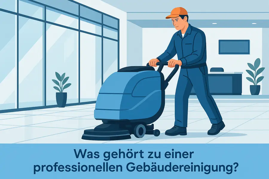 Reinigungskraft mit Bodenreinigungsmaschine in einem modernen Bürogebäude
