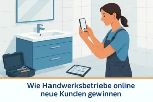 Handwerkerin dokumentiert ein abgeschlossenes Projekt mit Smartphone und Tablet