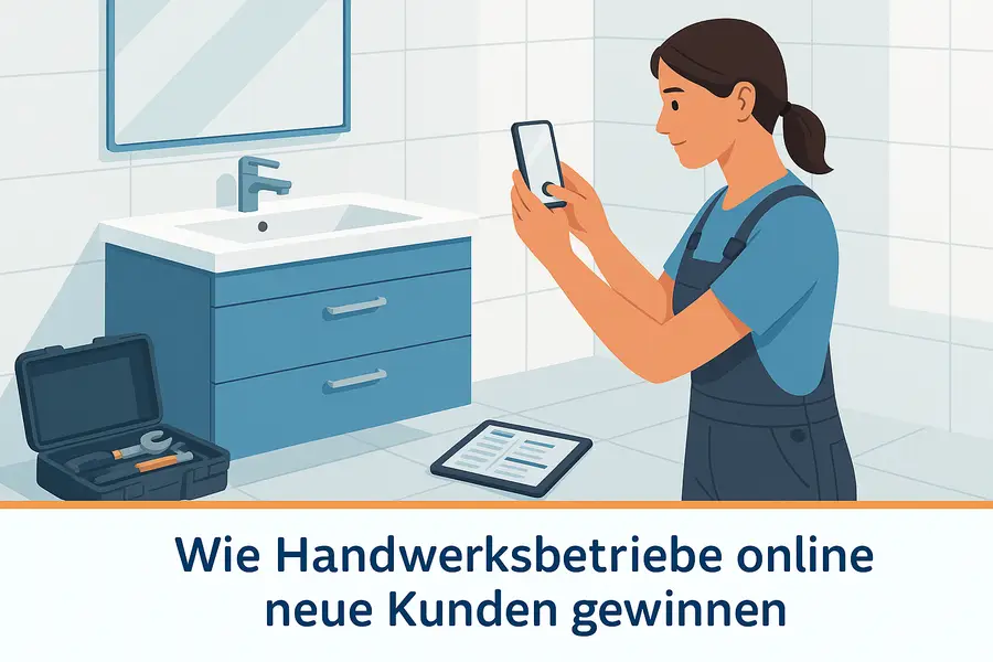 Handwerkerin dokumentiert ein abgeschlossenes Projekt mit Smartphone und Tablet