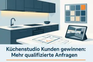Planungstablet, Grundriss und Materialmuster in einem modernen Küchenstudio