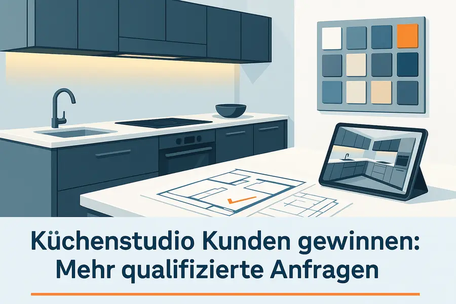 Planungstablet, Grundriss und Materialmuster in einem modernen Küchenstudio
