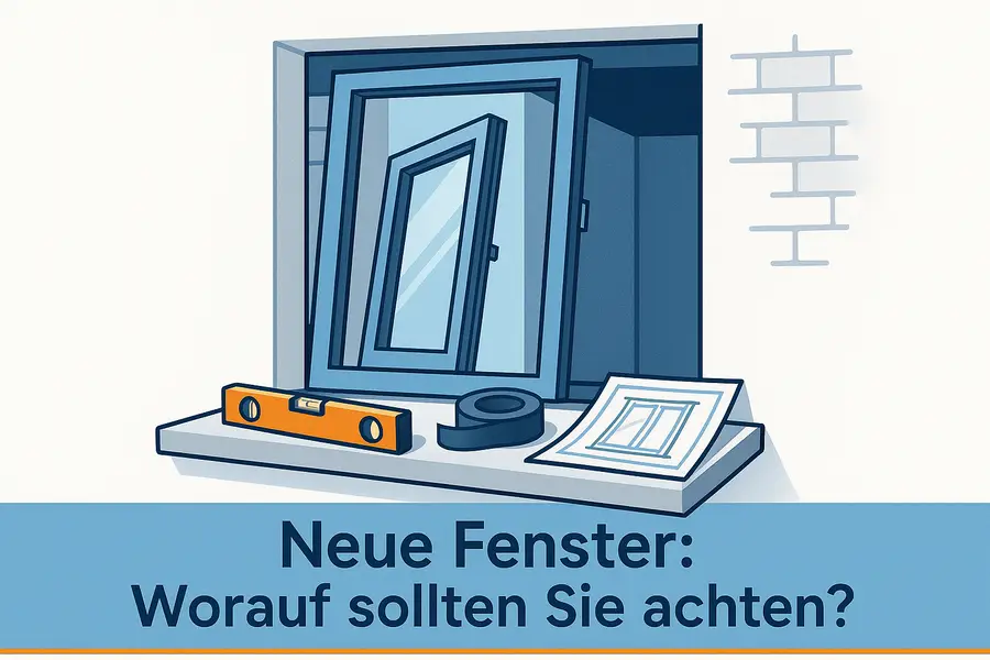 Montage eines neuen Fensters mit Werkzeug, Dichtband und Bauplan an einer Hausfassade