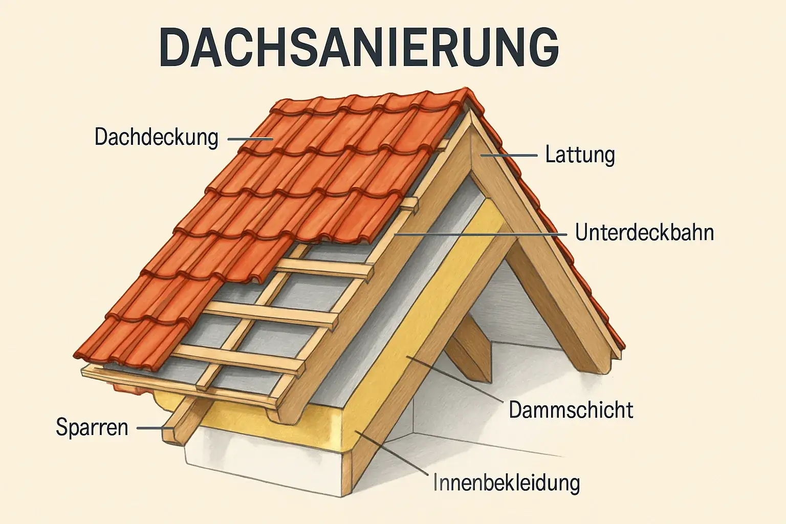 Querschnitt eines sanierten Steildachs mit Eindeckung, Unterkonstruktion, Dämmung und Dampfbremse