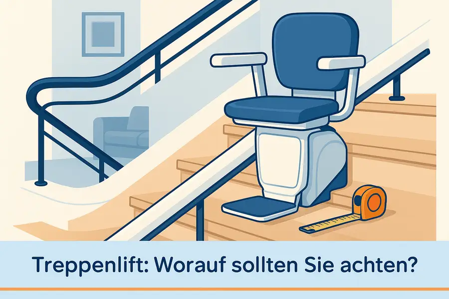 Moderner Treppenlift an einer hellen Innentreppe mit Maßband auf einer Stufe